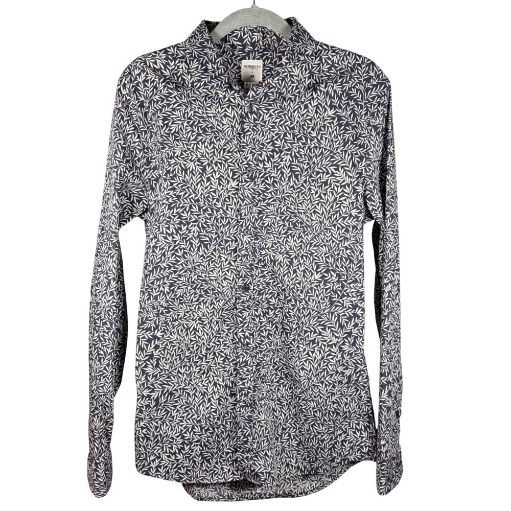 Morris & Co x HM Willow Bough Leaf Print Button Down Shirt Navy White Mens Small